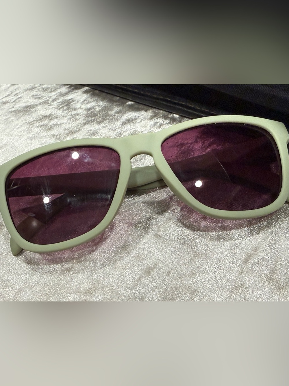 Goodr Classic Wayfarer-Style Sunglasses in Light Sage with Purple Lenses